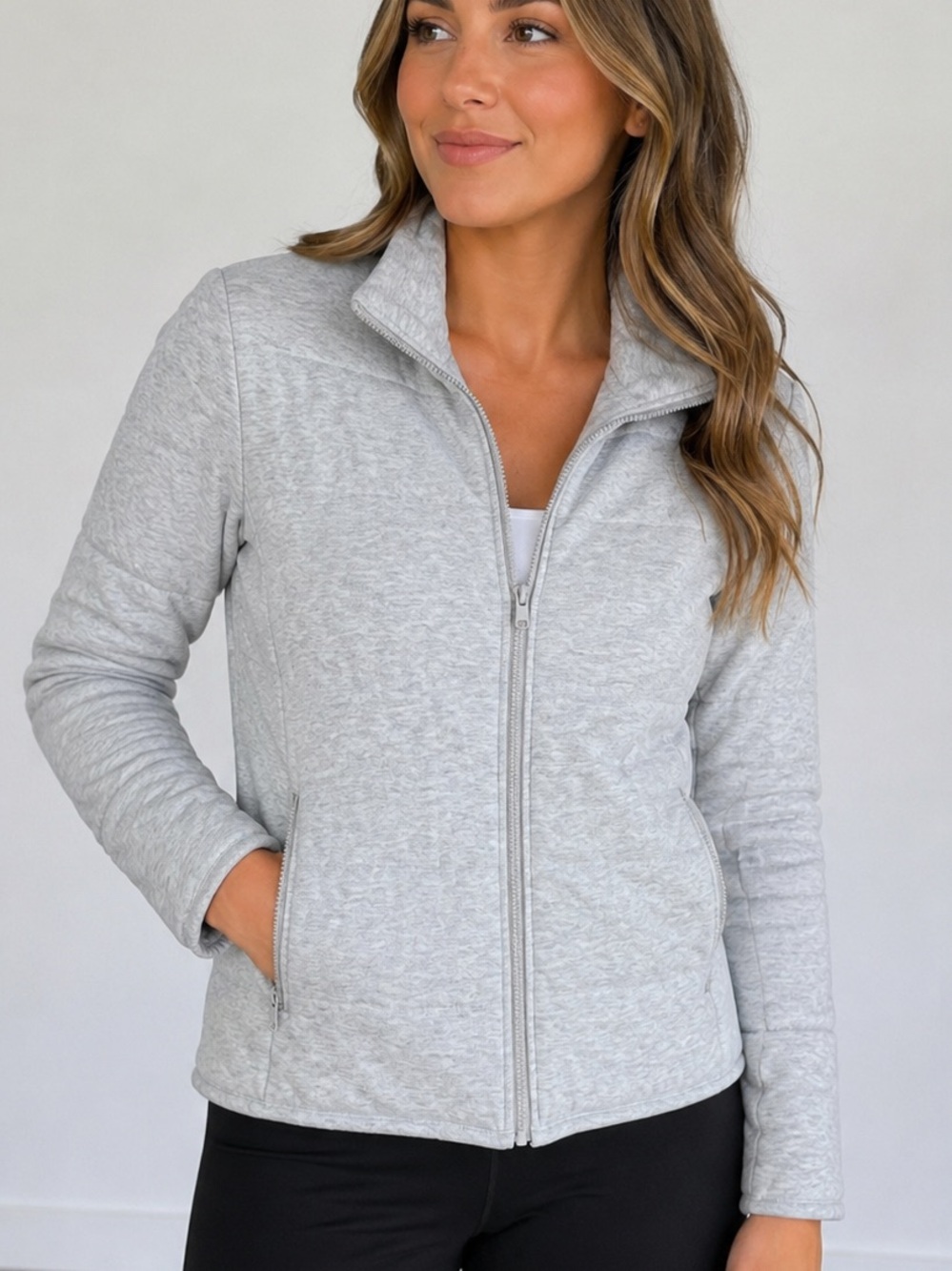 Three Dots‎ Gray Quilted Knit Zip Front Jacket Women’s Small Lightweight puffer